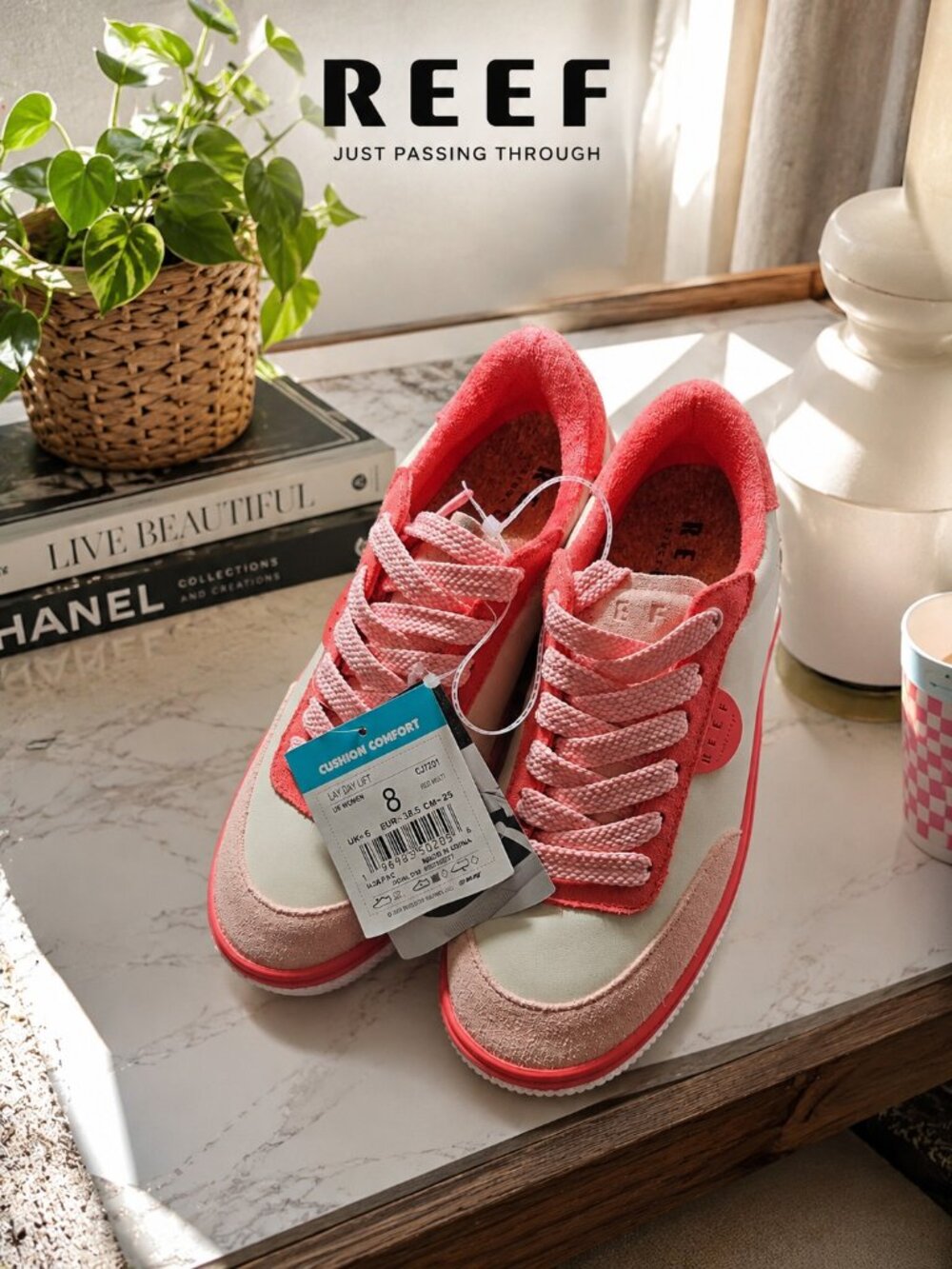 Reef Lay Day Lift Red coral Multi Leather Platform Wedge Sneakers CJ7201 Women 8